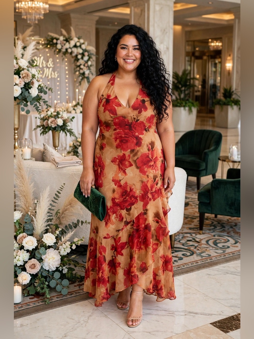 TWT Jesica Simpson floral Halter Maxi Dress Backless Ruffle Hem Wedding Guest